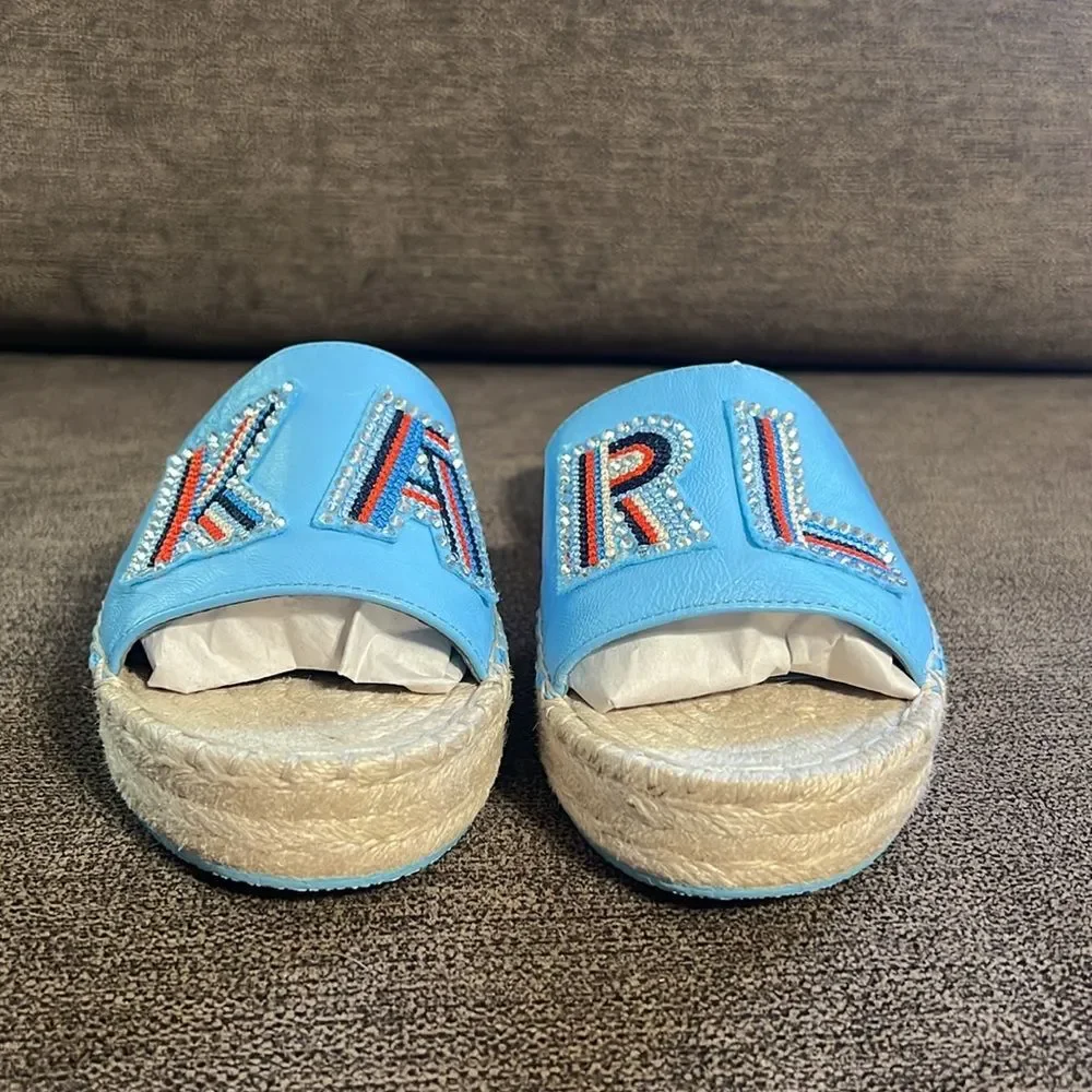 New Karl Lagerfeld Paris Caine Espadrille Slide Sandals Sz 36EU 6 US Baltic Blue